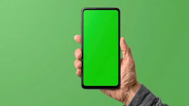 Close-up of hand holding modern smartphone with green screen for digital display on solid green background for copy space and user interaction concept