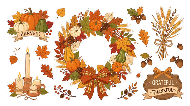 A vibrant fall-themed arrangement with a floral wreath surrounded by autumn leaves, pumpkins, and candles on a rustic background with thankful expressions.