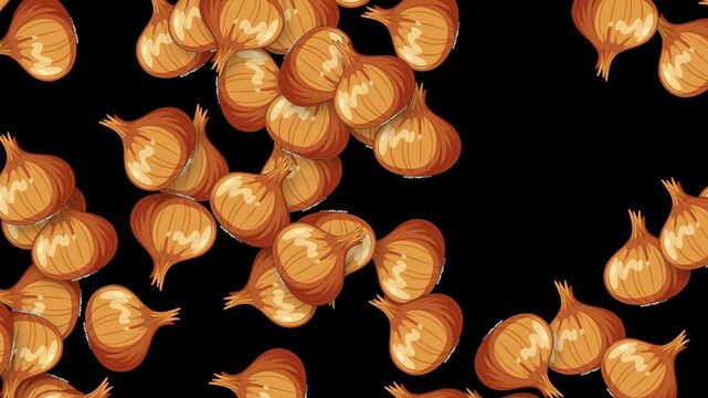 Animated Brown Onions Falling Against a Solid Black Background