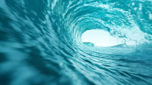 Inside a powerful turquoise ocean wave curling and breaking, with sunlight shining through the tube, creating an aqua marine tunnel effect, dynamic motion and energy