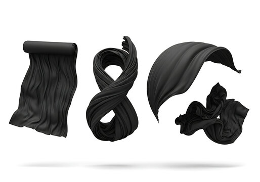 Black fabric tied in three different styles