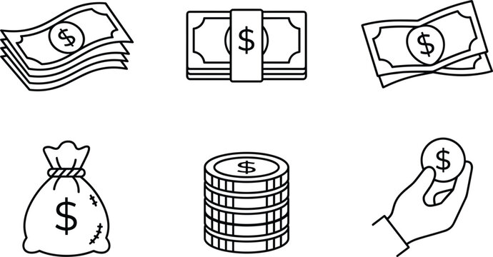 Financial currency line icon set with dollar banknote stack money bag coin bundle and hand holding coin vector