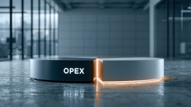 A futuristic digital pie chart labeled "OPEX" is displayed in a sleek, modern industrial space, highlighting operational expenses with a glowing segment.