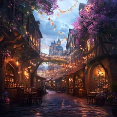 Naklejka premium Enchanting evening market illuminated by sparkling lights and colorful blooms in a quaint medieval village atmosphere