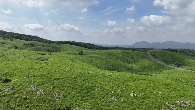 Aerial View of Akiyoshidai Karst Plateau in Yamaguchi Japan, 4K Summer Landscape with Copy Space 12