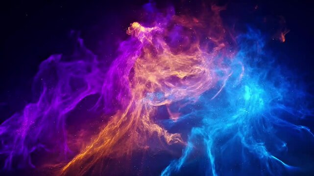 Cinematic 3D animation of vibrant purple, gold, and blue magical energy flames swirling and merging into a glowing cosmic nebula. Features sparkling particle embers on a dark abstract background.