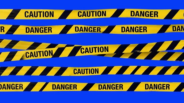 A 3D render of multiple horizontal yellow and black caution, danger, and stripe barrier tapes layered over a solid blue backdrop. Perfect for security warnings, crime scene recreations, and video edit
