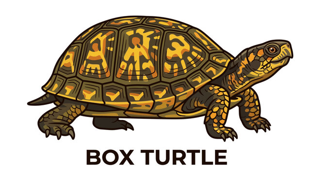 Detailed Illustration of a Common Box Turtle Featuring Intricate Shell Patterns and Natural Reptile Colors