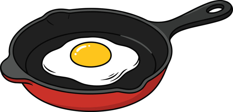 Fried egg cooking inside a red cast iron skillet frying pan vector illustration for breakfast menu restaurant graphic designs