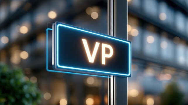 A glowing neon sign with the letters "VP" is displayed on a glass panel in a modern office environment with blurred background lights.