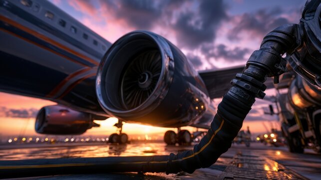 Close-up of airplane jet engine at airport with fuel hose connected during colorful sunset sky, aviation technology, ground operations, and travel concept