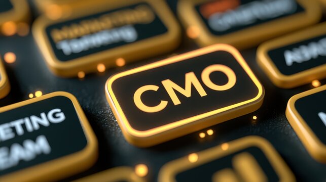A close-up of digital buttons with the highlighted "CMO" key symbolizing Chief Marketing Officer in a business and marketing context.