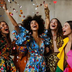 Obraz premium A lively gathering of women from different backgrounds in bright dresses joyfully tossing confetti during a festive celebration