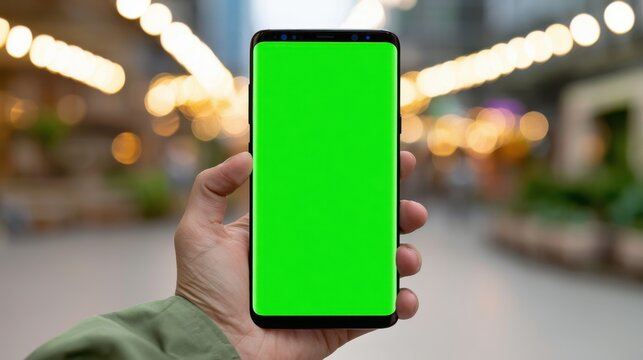 Hand holding modern smartphone with green screen in urban street setting with blurred background lights and outdoor environment at dusk
