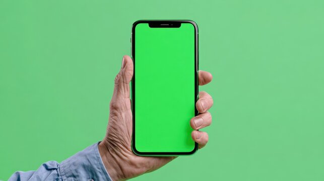 Hand Holding Smartphone with Green Screen Display and Green Background for Digital Content Presentation or Mobile Technology Concept