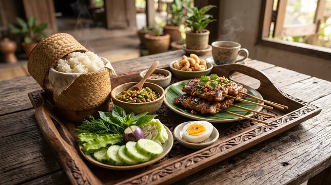 Northern Thai Cuisine featuring authentic Lanna dishes Authentic Thai Cuisine with Grilled Pork Skewers and Sticky Rice in Rustic Setting