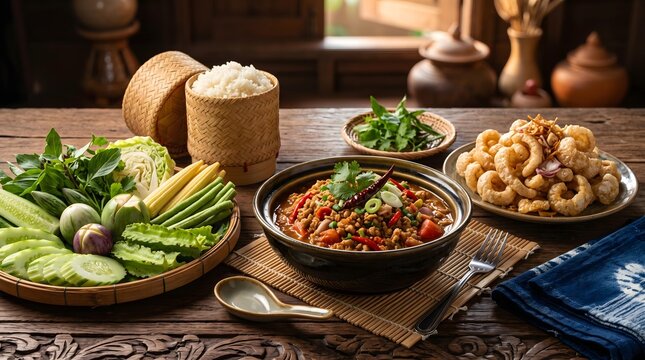 Northern Thai Cuisine featuring authentic Lanna dishes Traditional Thai Northern Cuisine with Nam Prik Ong and Fresh Vegetables Displayed in Rustic Setting for Authentic Culinary Experience