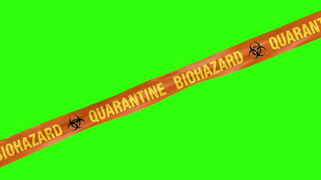 A bold diagonal orange quarantine barrier tape featuring biohazard symbols against a solid green screen backdrop. Designed as a high-quality video transition or layout element for sci-fi games, news b