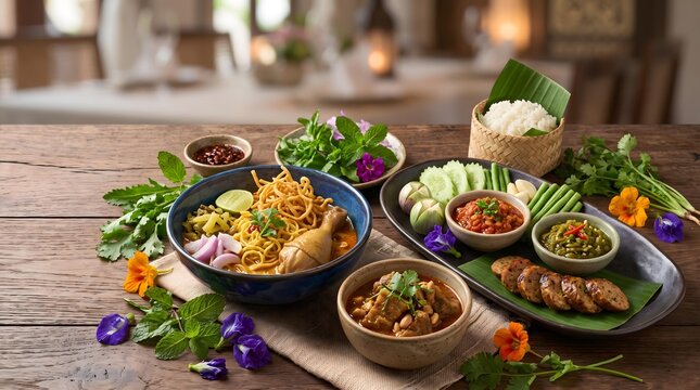 Northern Thai Cuisine featuring authentic Lanna dishes Authentic Thai Cuisine with Khao Soi and Nam Prik Served in Rustic Setting with Fresh Herbs and Spices on Wooden Table