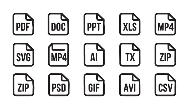 Diverse document file format extension icons including pdf doc ppt xls mp4 zip svg and psd label symbols.