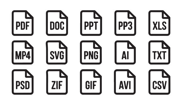 Set of file format icons for various documents and media on white background vector illustration.