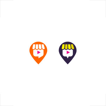 Video shop map pin location logo integrates e-commerce retail niche into clean flat modern style, perfectly crafted for digital marketplace branding application, multimedia streaming service identity,