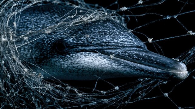 Close-up of sea bird entangled in fishing net underwater illustrating marine life danger and environmental pollution with strong emotional impact and dark background