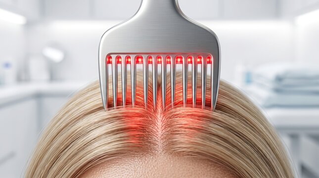High angle view of innovative laser comb device emitting red light for hair growth and scalp therapy treatment