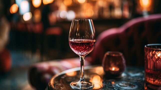 Elegant glass filled with red liquid standing on a marble table in cozy dimly lit lounge environment perfect for relaxation and socializing