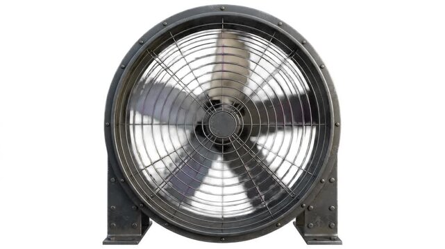 A heavy-duty metallic industrial fan with circular housing and safety grill isolated on a clean white background. Great for commercial HVAC graphics, factory warehouse mockups, and product design pres