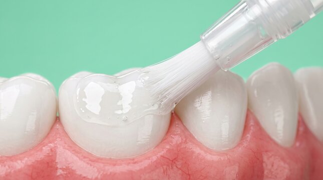 Macro view of dentist applicator brush applying professional clear fluoride gel protective coating on clean white teeth