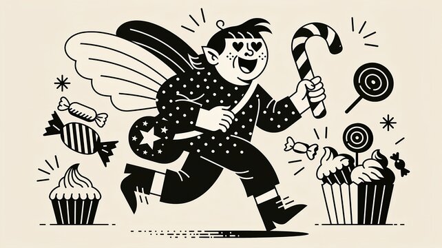 A humorous fairy with gifts. An illustration on the theme of holidays and gifts, humor, and comics.