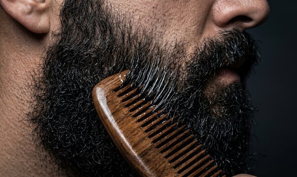 Close up of man combing thick black beard with natural wooden comb for male grooming and hair care