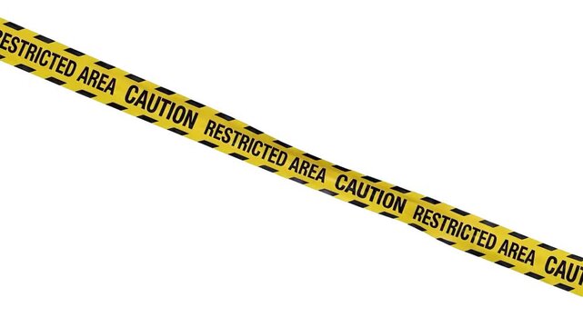A diagonal strip of yellow warning barrier tape printed with "Caution Restricted Area" text against a solid white backdrop. This high-contrast graphic asset is ideal for print design layouts, crime sc
