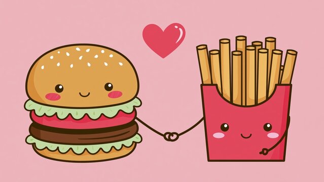 Cute cartoon burger and fries holding hands with pink heart.