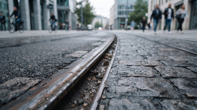 Close Up of Tram Tracks in City Street