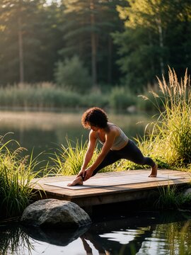 Young woman practicing intense hamstring stretch on lakeside wooden platform ideal for pilates studio marketing and physical therapy website