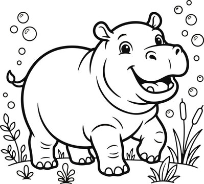 Cartoon hippopotamus illustration with bubbles and aquatic vegetation
