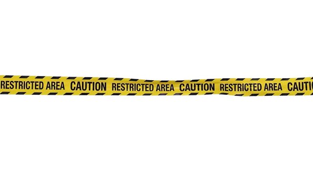 A detailed 3D render of a horizontal yellow caution tape strip with "CAUTION RESTRICTED AREA" printed in bold black text, isolated against a clean white background. Perfect for crime scene visuals, se