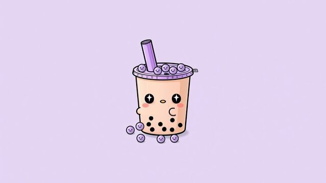 Cute cartoon bubble tea cup with loose pearls smiling.