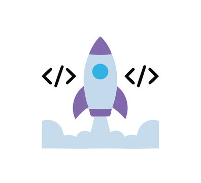 Rocket launch with coding brackets icon representing software deployment and tech startup