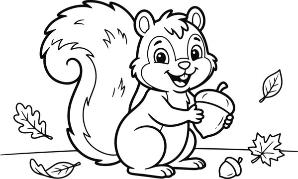 Squirrel holding acorn black and white vector illustration for coloring