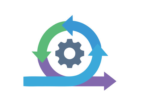 Agile Software Development Cycle Concept with Rotating Colorful Arrows and Central Cogwheel Icon