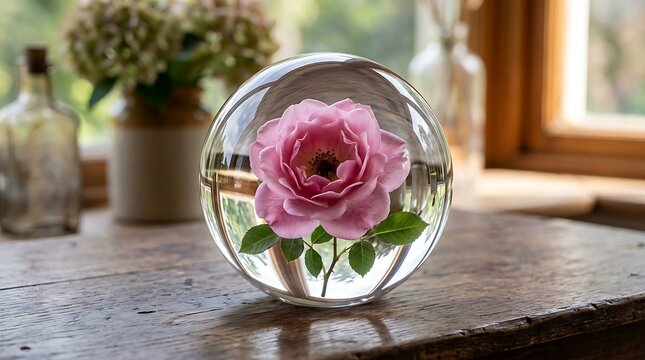 Pink rose inside a crystal glass paperweight on a table
