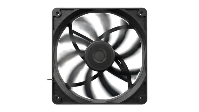 A close-up view of a black plastic computer cooling fan or CPU cooler spinning at high speed, isolated against a white background. Perfect for tech channels, PC building guides, and hardware repair tu