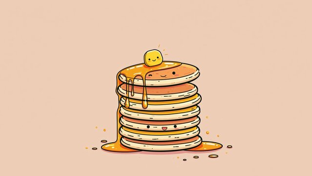 Cute cartoon pancake stack covered in syrup with butter on top.