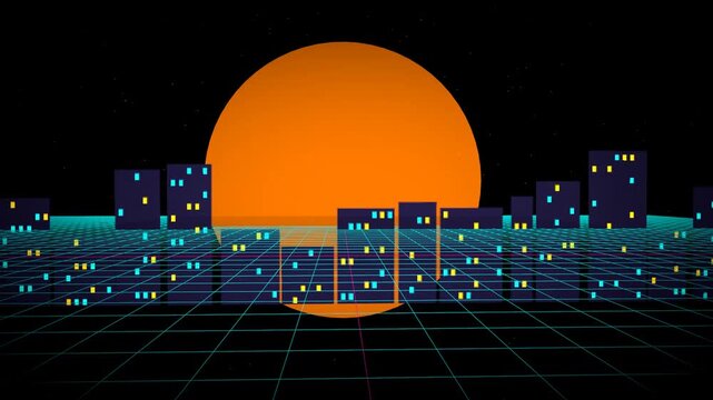Neon Cityscape with Orange Suns