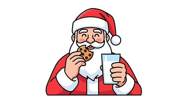 Cute Santa Claus eating a chocolate chip cookie and holding a glass of milk isolated on white background vector illustration for Christmas holiday