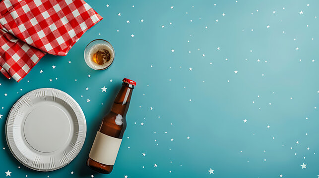 Summer picnic party flat lay background with checkered cloth and bottle, large copy space for outdoor catering marketing posters