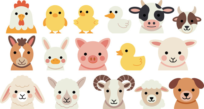 Cute Farm Animal Avatar Face Vector Icon Set with Happy Cow Pig Sheep Chicken and Duckling for Kids Educational Games Nursery Decor and Sticker Designs